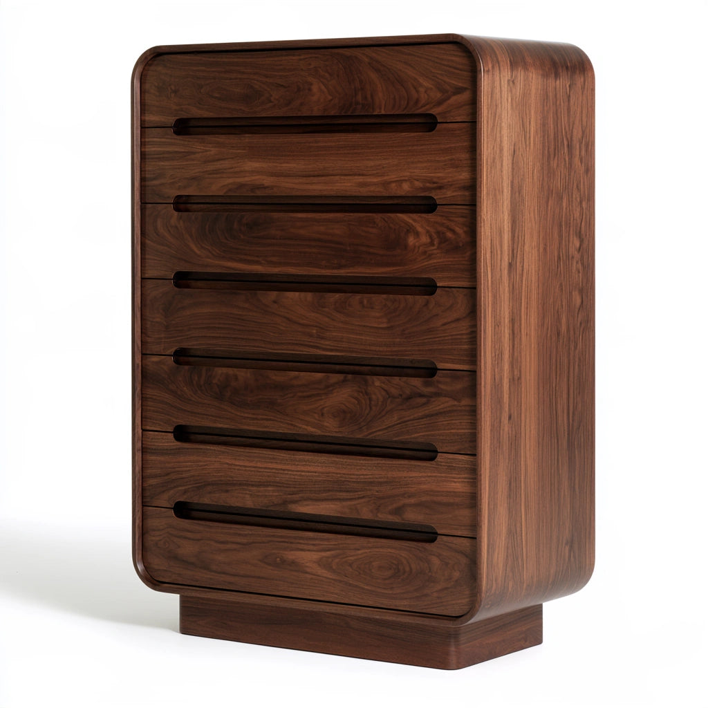 Cassettiera verticale in legno finitura noce con cinque cassetti, colore noce