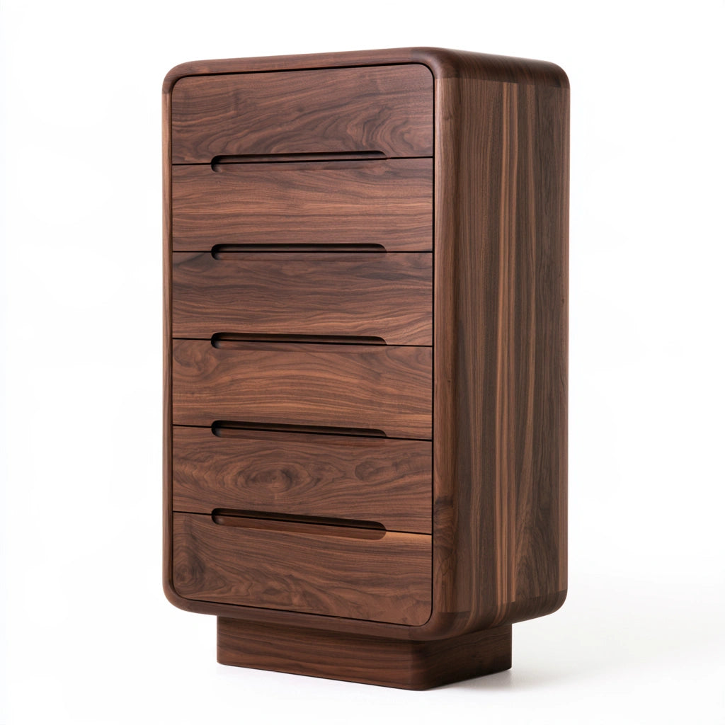 Cassettiera verticale in legno finitura noce con cinque cassetti, colore noce