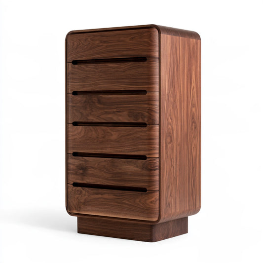 Cassettiera verticale in legno finitura noce con cinque cassetti, colore noce
