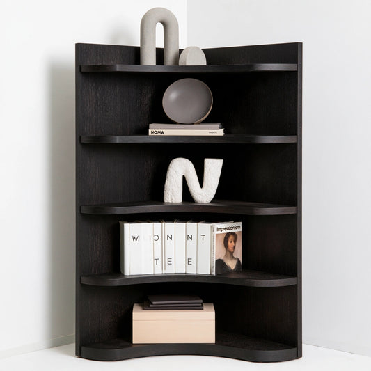 Libreria angolare dalle linee essenziali a cinque livelli, colore nero
